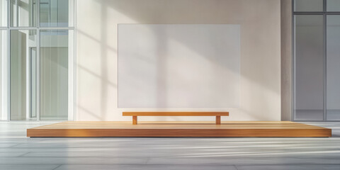Fototapeta premium Minimalist art exhibition space with wooden platform and natural light showcasing the simplicity of modern design
