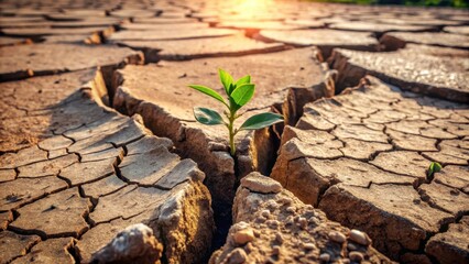 A resilient seedling bravely pushing through cracked, arid earth, symbolizing hope and perseverance in the face of environmental challenges.