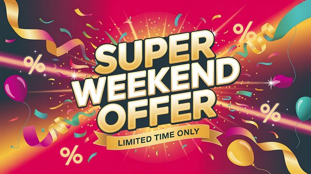 Grab Stunning Super Weekend Deals with Limited-Time Offers and Discounted Prices, Celebrate with Colorful Balloons and Confetti, Perfect for Boosting Sales and Marketing Campaigns