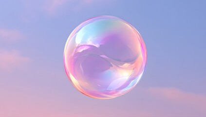 Iridescent orb floating serene sky with soft pastel clouds reflecting delicate hues of pink and blue in a dreamy atmosphere