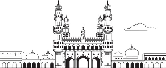 Obraz premium Line Art Charminar Hyderabad India Islamic Architecture Vector Design