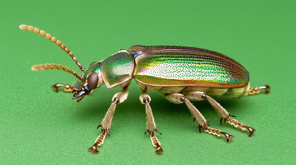 Naklejka premium Iridescent beetle concept. Colorful metallic beetle with iridescent shell on vibrant green background showcasing intricate details and natural beauty