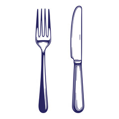 Vintage hand drawn illustration of a fork and knife isolated on white background