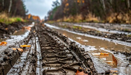 Muddy, rutted forest road scene, captured in a wide, shallow depth of field
