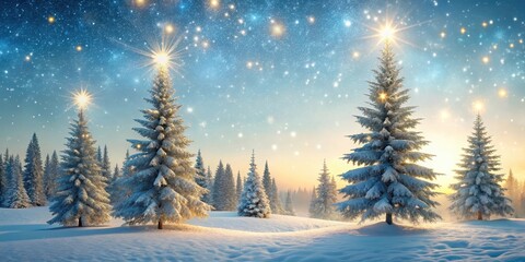 Enchanted Winter Forest at Sunrise Snow-Covered Evergreens Glimmering Under a Starlit Sky