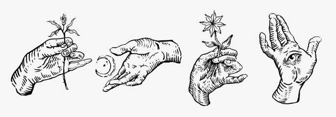 Vintage engraving hands with flowers, moon and mystical eye illustration set. Magic occult hand drawn sketch, esoteric alchemy symbol, retro tattoo style