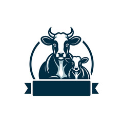 Stylized Cow and Calf Illustration with Ribbon Banner in Blue Tones