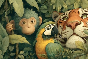 Colorful parrot sitting with monkey and tiger high resolution picture