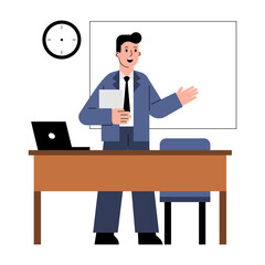 Vector classroom scene teacher presentation illustration for International Day of Education learning students seminar school awareness