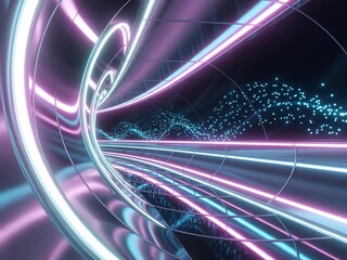 Abstract Digital Futuristic Tunnel With Glowing Neon Lights And Particles Creating A Sense Of Speed And Motion In A Virtual Reality Environment