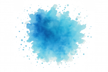 Blue watercolor splash background, abstract paint stain, water art texture design element on transparent