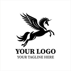 Obraz premium Pegasus Logo Vector – Minimalist Black Silhouette of Mythical Winged Horse in Graceful Flight, Flat 2D Design for Elegant Branding and Fantasy Concepts