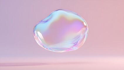 Abstract iridescent droplet suspended in soft pastel gradient background with subtle shadow representing purity fluidity and ethereal beauty in a minimalist composition