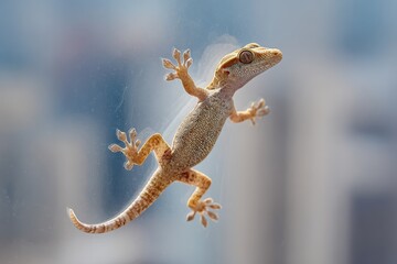 Obraz premium Gecko Clinging to Glass Window in Urban Setting with Soft Blue