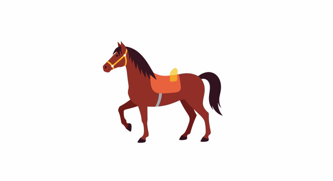 Elegant equestrian friend: a brown horse with saddle trotting forward gracefully