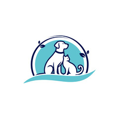 Stylized Dog and Cat Logo with Blue Circle and Wave Design