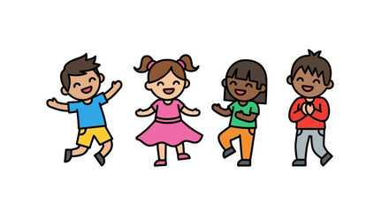 Diverse group of cheerful cartoon children celebrating friendship and joyful moments together