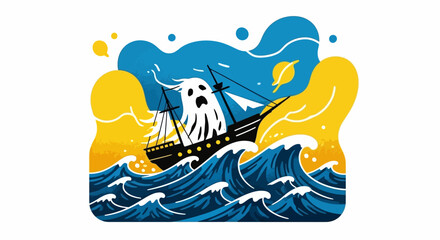 Stylized ghost ship voyage across a wavy ocean with bright sun and moon accents