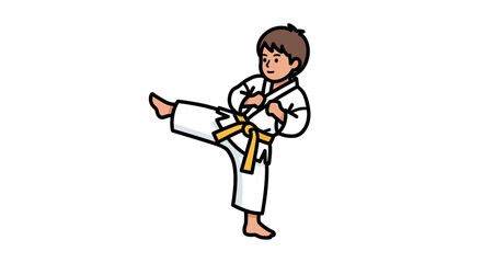Young martial artist executes precise front kick during karate training session
