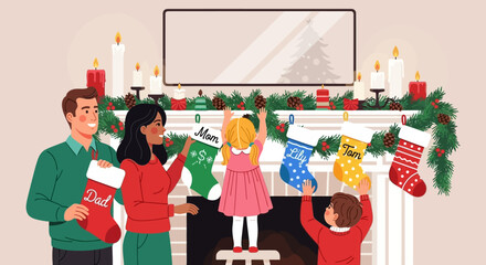 Festive family preparing home for christmas with stockings decoration on fireplace hearth