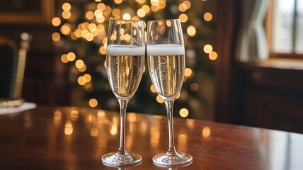 A Toast to the Holidays with Two Glasses of Bubbly Champagne in Front of a Gently Blurring Christmas Tree Light Display on a Wooden Tabletop