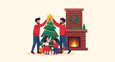 Delightful christmas scene: gay dads and children adorn the christmas tree with star
