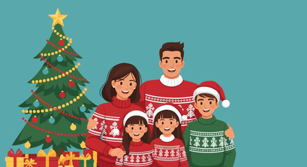 Festive Family Celebration: A Joyful Christmas Scene with Matching Sweaters and Holiday Cheer