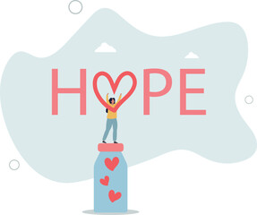 Cartoon tiny people holding hearts to throw into donation glass jar near Hope word.life and employment of people.