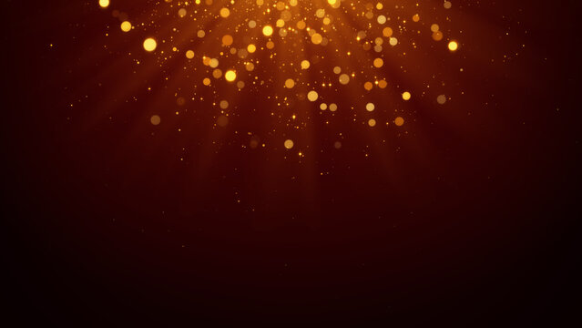 christmas golden light ray and shiny glitter stars dust falling on dark red background , winter holiday and new year social media background