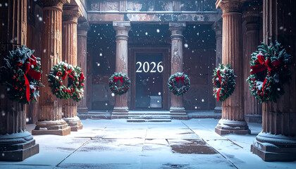 New Year 2026 celebration in a snowy festive architectural setting.