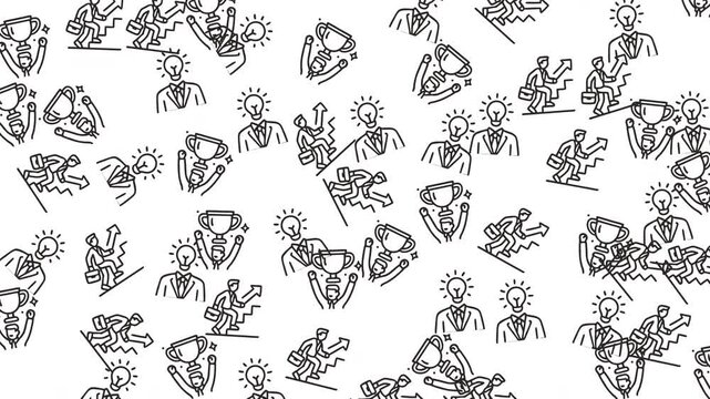 Whimsical doodle pattern illustrating the journey to success with icons of bright ideas, winning awards, and achieving goals