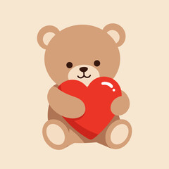 Cute teddy bear holding a red heart on a beige background  