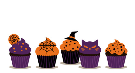 Halloween-themed cupcakes with orange and purple decorations  