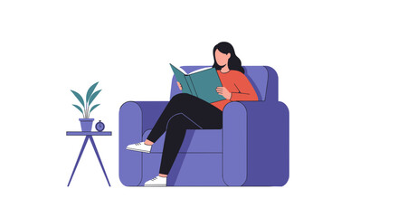 Woman reading book while sitting on purple armchair at home  