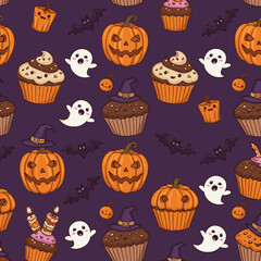 Halloween-themed pattern with pumpkins, cupcakes, and ghosts  