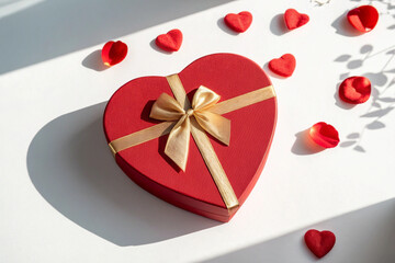 Heart Gift Box with Gold Bow and Red Hearts, Valentine’s Background