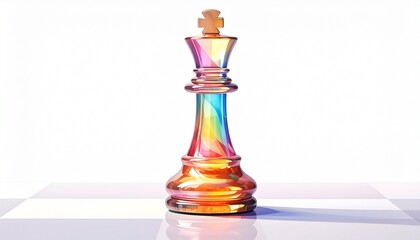 Describe a glossy iridescent chess king reflecting pink, purple, blue, and yellow hues, centered on a light background. Highlight its modern finish and symbolic presence as a strategic icon.