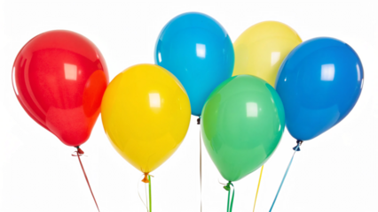 set of bright balloons in red, blue, yellow, and green are gathered together isolated on transparent background