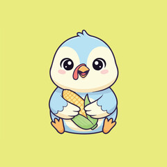 A charming illustration of a light-blue cartoon turkey with big eyes, holding a ripe ear of corn on a pale yellow background.