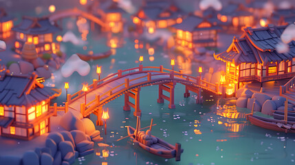 Obraz premium 3d isometric low poly view of a wooden bridge in a village at night