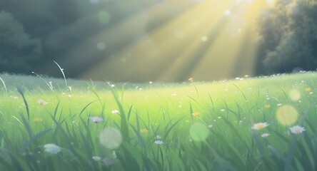 Sun Rays Shining Over a Grassy Meadow with Flowers and Trees