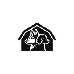 Stylized Dog House Logo Featuring a Husky and Poodle Silhouette