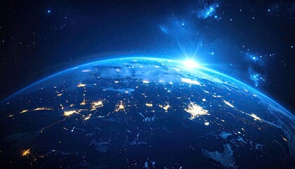 Fototapeta premium Glistening Earth From Space Illuminated by Sunrise and Starry Sky Showing Bright City Lights Below Detailed Globe View