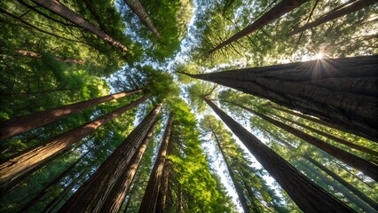 Looking up at the redwood trees in the forest with sun shining through