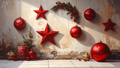 Festive red ornaments and stars decorate aged, cream-colored wall