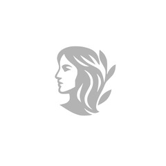 Elegant vector logo of a woman's profile with flowing hair and leaves, symbolizing natural beauty, serenity, and femininity. A graceful icon inspired by classical mythology