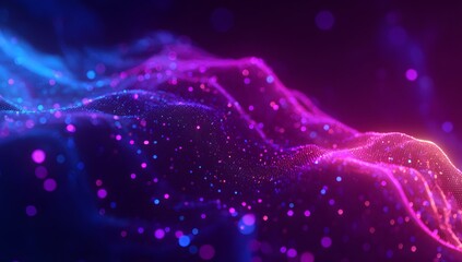 Abstract flowing luminous particles and waves of vibrant blue and magenta light creating a dynamic and ethereal digital art background with a sense of motion and energy
