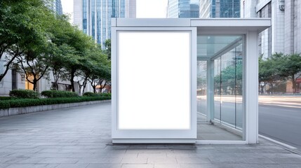 Urban bus stop with modern design featuring large blank advertising panel, surrounded by greenery and city buildings, ideal for promotional mock up and advertising concepts