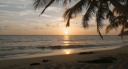 Sunset at Tropical Beach with Palm Trees and Golden Light