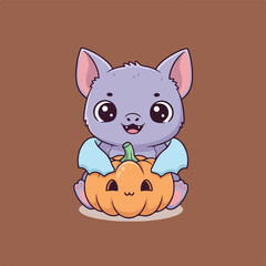 A cute baby bat is seated while clutching an adorable smiling pumpkin, all set against a plain brown background.